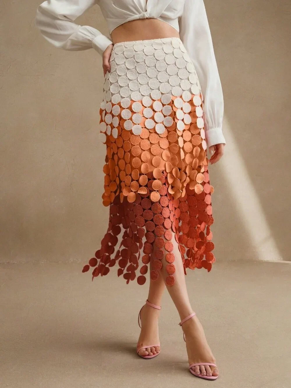 Orange Elegant Women's Hollow Embroidery Fringe Asymmetrical Midi Skirt